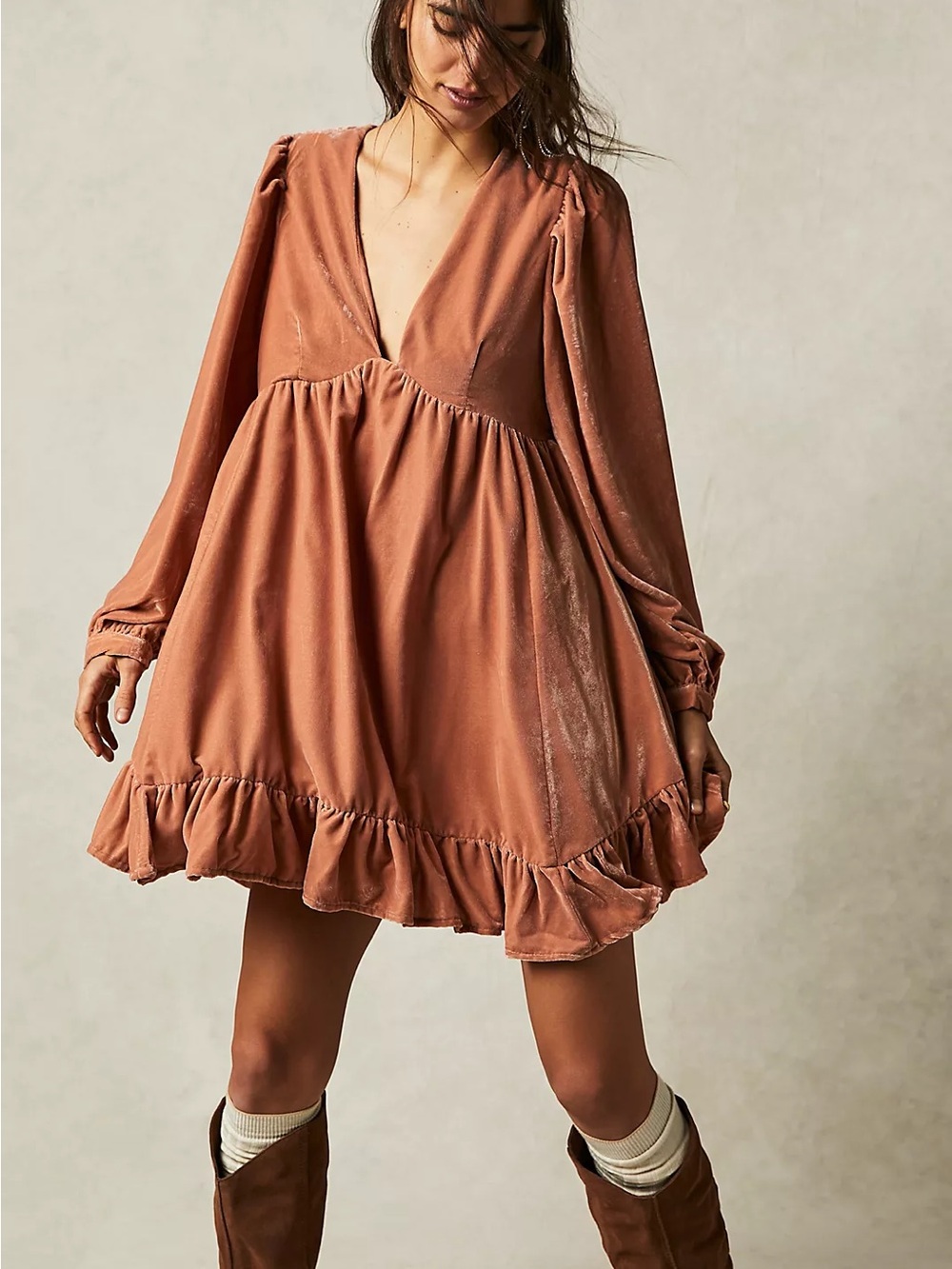 NEW WITH TAGS- sold out
Free People- Estella Velvet Mini Dress
 V-Neck Ruffle